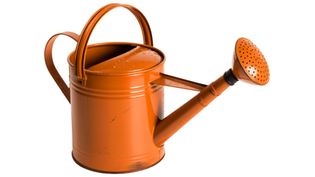 Vintage orange watering can with droplets, ready for gardening tasks