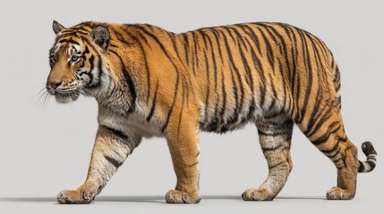 Obraz premium Majestic Stride A Portrait of a Bengal Tiger in Motion on Soft White