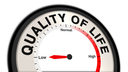 Quality of life at a low level shown on a barometer or tachometer, symbolizing poor health or distress, with emphasis on early intervention, support, and improving physical and emotional well-being