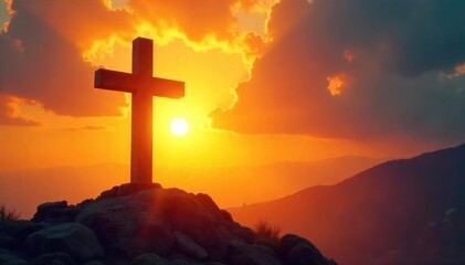 A symbolic image depicting Christian salvation; a cross silhouetted against a bright sunrise, conveying hope, redemption, and new beginnings , salvation, church