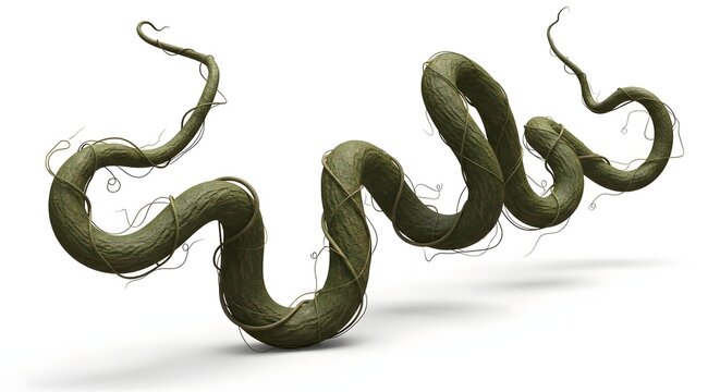 A long, winding, green beanstalk or vine with tendrils, isolated on a white background, creating a whimsical and natural visual.