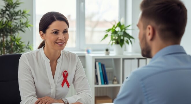 Woman doctor with red ribbon talking to male patient in office. Awareness concept.