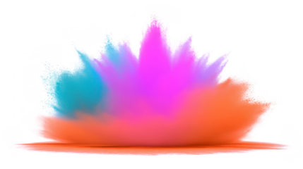 Colorful powder explosion with vibrant orange, purple, and blue hues creates dynamic abstract burst, evoking energy and creativity in dramatic artistic display