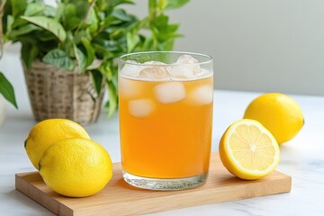 Refreshing Cold Brew Tea with Lemon and Ice Cubes