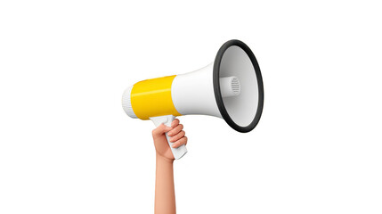 Hand megaphone yellow white communication announcement loudspeaker isolated background alert hand holding yellow and white megaphone symbolizing communication announcement and alert isolated