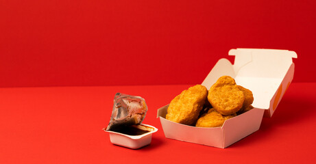 Chicken nuggets in a paper container and dark brown dipping sauce. 紙容器に入ったチキンナゲットとこげ茶色のソース（バーベキューソースなど）
