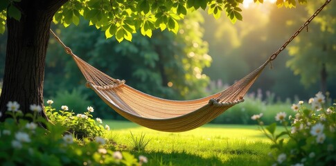 A tranquil scene of a hammock gently swaying in a lush green garden, bathed in soft sunlight  Perfect for relaxation and escapism themes , de-stress, nature