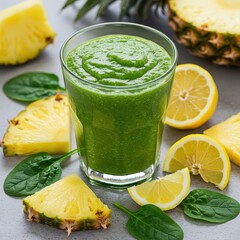 Fresh green smoothie in a glass made with spinach, pineapple, and lemon slices, surrounded by ingredients on a light surface.