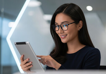 Smiling businesswoman in glasses confidently using tablet for modern business tasks in a bright, contemporary office environment, showcasing digital productivity.