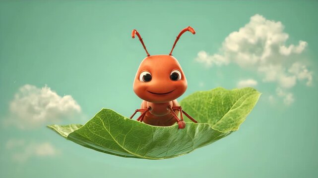 Cartoon ant using a leaf as a glider flying through air with a comic smile against light celery green sky, bright focus and animated motion