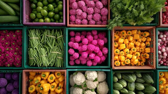 Overhead view of colorful veggie crates, thriving commerce in market abundance, market innovation through top-down displays, agricultural vitality in crate layouts, consumer trends