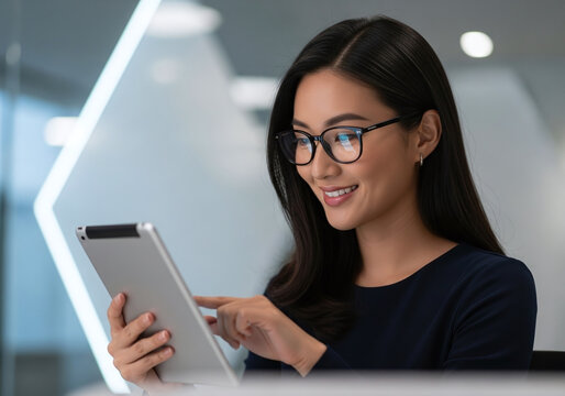 Smiling businesswoman in glasses confidently using tablet for modern business tasks in a bright, contemporary office environment, showcasing digital productivity.