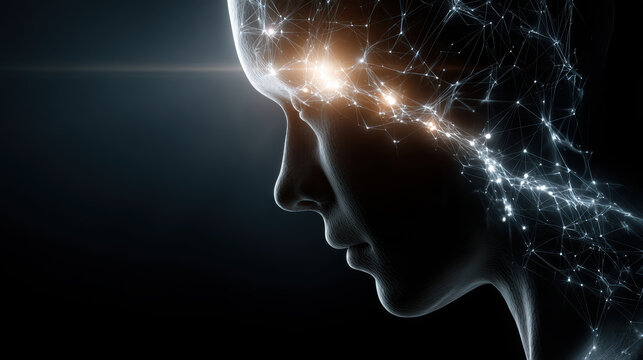 Minimalist silhouette of human head with glowing brain network. conceptual look at thought, intelligence, and future consciousness