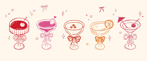 Plakat Coquette cocktail glass with bow, hand draw vector illustrations set, colorful martini, doodle whimsical sketch for party invitation, wine drinks