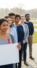 Multiethnic group stands in line showing hiv aids awareness with red ribbon and sign.
