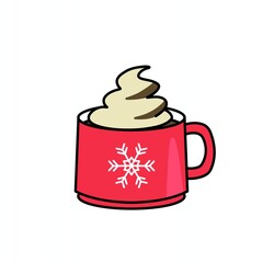 hot cocoa with whipped cream in red mug illustration isolated