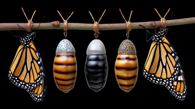 Beautiful monarch butterfly life cycle showing hopeful transformation and metamorphosis. pupa and chrysalis stage suspended in nature