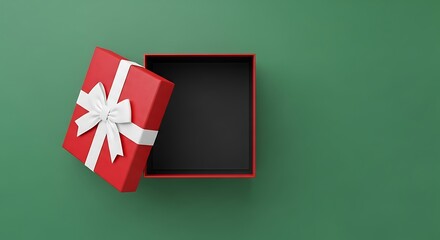 Open red gift box with white ribbon on a green background perfect for holiday promotions and special occasion marketing campaigns and seasonal greetings