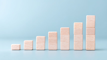 Wooden block arranging like step chart, concept for business growth, success, and progress. Symbol of achievement and development toward goal