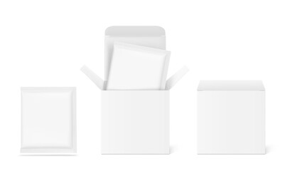 Naklejka na ściany i meble Closed and open paperboard box with sachet mockup set. Vector illustration isolated on white background. Packaging for tea, drip bag coffee, cosmetic, food, pharmacy. Ready for your design. EPS10.