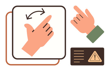 Obraz premium Hand moving in swipe motion, directional arrows, alert symbol, and instruction card. Ideal for user interface, interaction design, notification, caution, swiping gesture control simple flat