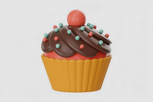 Colorful cupcake with frosting, sprinkles, and a decorative cherry on top.