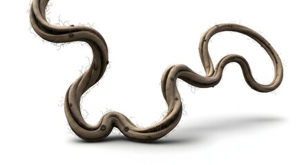 A single, gnarled and twisted jungle vine with a hairy texture, isolated on a clean white background.