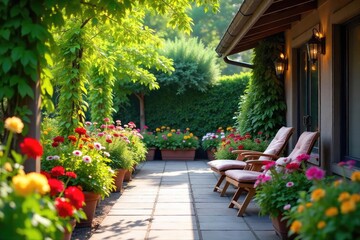 Naklejka premium A vibrant and inviting patio garden overflowing with colorful flowers and lush greenery, creating a tranquil outdoor oasis perfect for relaxation , nature, vertical garden, furniture