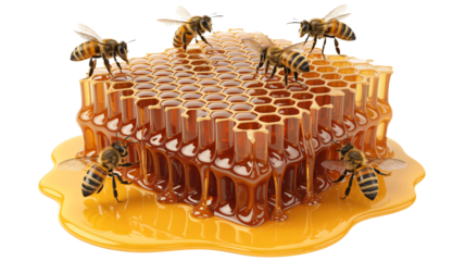 Bees diligently work on dripping honeycomb with golden honey