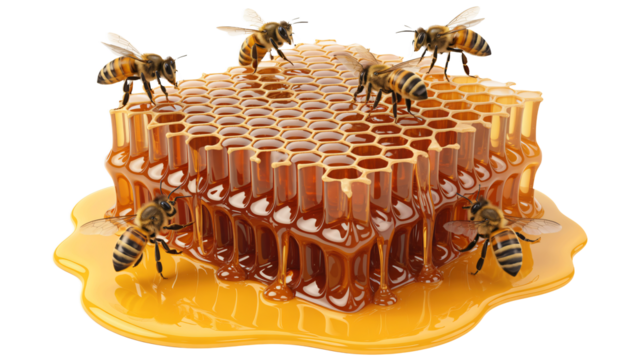 Bees diligently work on dripping honeycomb with golden honey