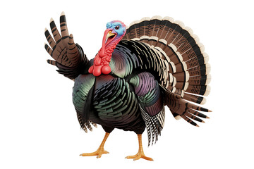 Colorful male turkey proudly displays its feathers, showcasing vibrant plumage and striking patterns.