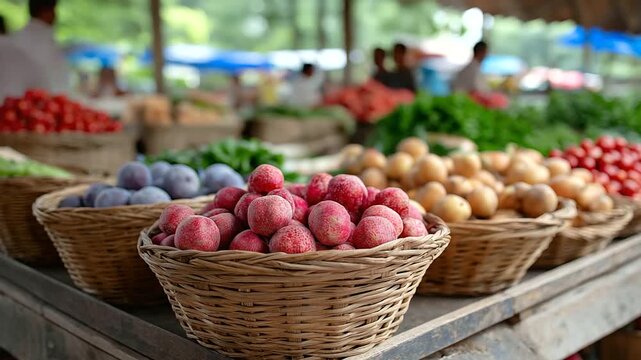 Open-air market with fruit and veggie stalls, thriving commerce in local trade, market innovation through vibrant settings, agricultural vitality in market abundance, consumer tren