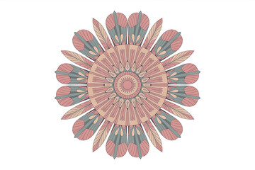 Intricate floral design with layered petals in muted pinks, greens, and beige tones.