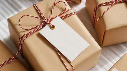 Wrapped gifts with twine and blank tags, suggesting celebration, anticipation, and thoughtful giving.