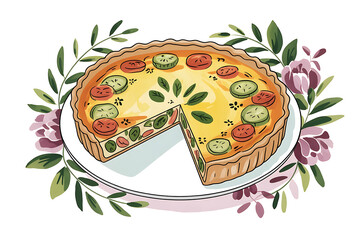 Savory tart with tomatoes, cucumbers, and herbs, adorned with lush floral greenery.