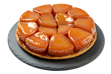 Golden caramelized apples arranged atop a pastry base, a sweet and decadent dessert.