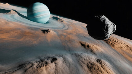 Vibrant planet encircled by rings, alongside a rocky asteroid in cosmic space.