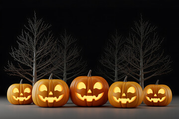 Glowing jack-o'-lanterns arranged before bare trees, evoking a spooky autumnal Halloween atmosphere.