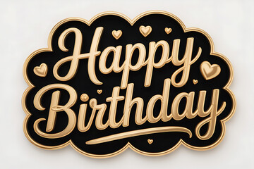 Decorative badge spells "Happy Birthday" with gold lettering and heart accents.