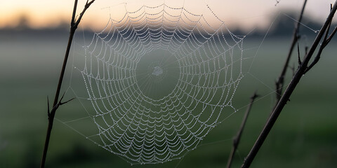 Delicate spiderweb glistens with dew drops, framed by branches against a misty dawn.