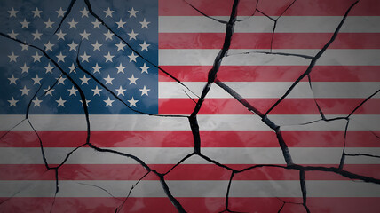 Fractured American flag symbolizes division, instability, and potential societal breakdown.