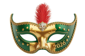 Elegant green and gold masquerade mask with red feather, stars, and a year displayed.