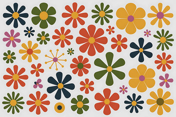 Vibrant collection of stylized flowers in various colors, creating a cheerful, floral pattern.