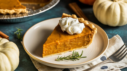 A slice of pumpkin pie with whipped cream, autumnal spices, and decorative gourds.