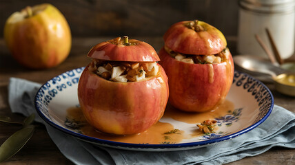 Baked apples filled with a savory mixture, presented on a rustic plate with a sauce.