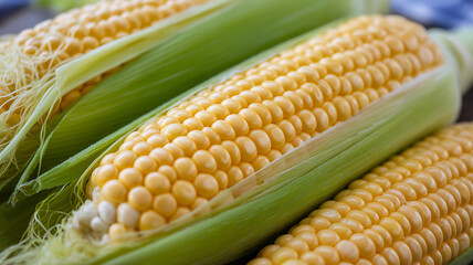 Golden ears of corn, vibrant yellow kernels, fresh produce, healthy food, summer harvest.