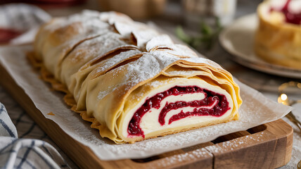 Sweet pastry roll filled with vibrant red fruit, dusted with powdered sugar, a delightful treat.
