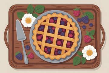 Fresh berry pie sits on a wooden tray, accompanied by a knife and flowers.