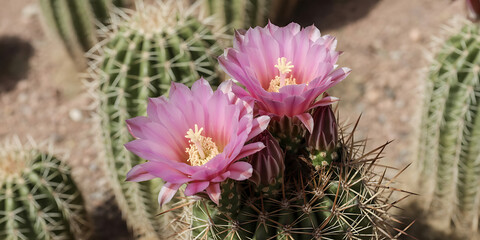 Vibrant pink flowers bloom atop prickly cacti amidst a desert landscape, showcasing resilience.