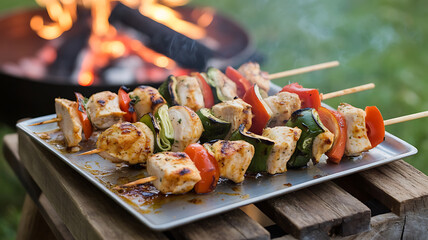 Grilled skewers of meat and vegetables on a platter, beside a warm campfire glow.